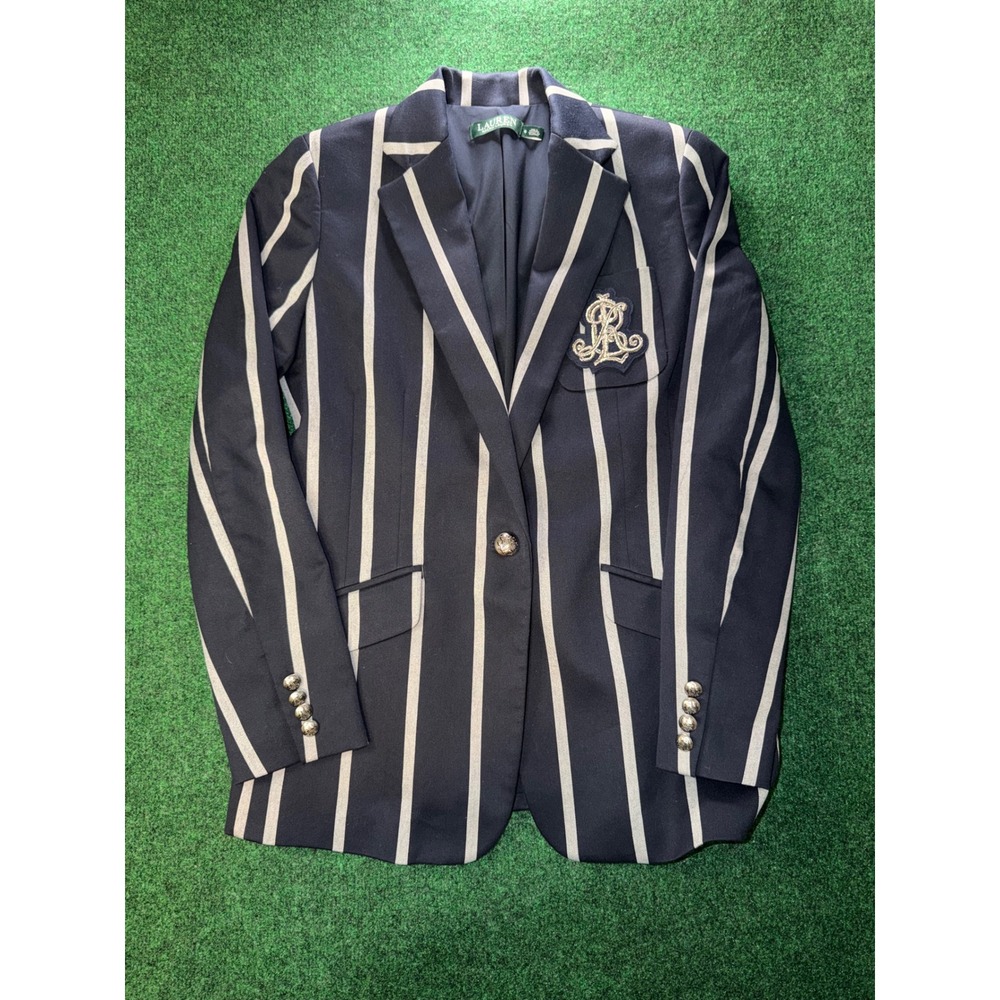 Lauren Ralph Lauren Womens Navy White Striped Crest Blazer Jacket Size 6